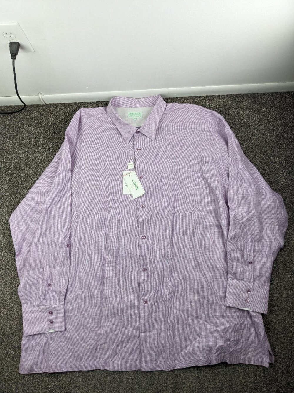 NWT Inserch Italy Shirt 100% Linen L/S Button Houndstooth Lavender Mens 6XL
